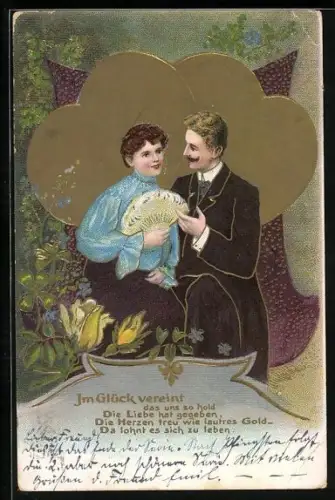 AK Goldenes Kleeblatt mit Liebespaar