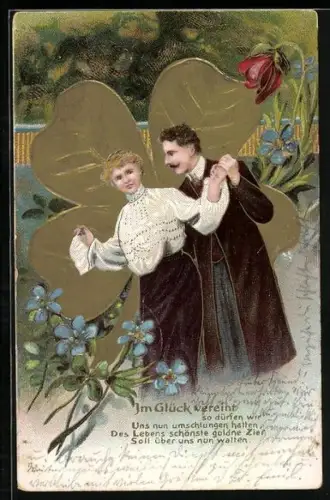 AK Goldenes Kleeblatt mit Liebespaar