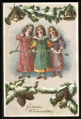 AK Mädchen singen zu Weihnachten
