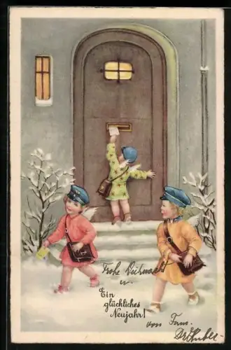 Lithographie Neujahrsengel verteilen Briefe