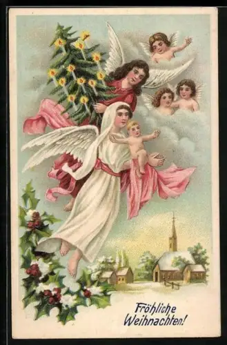 AK Weihnachtsengel mit Christkind und Tannenbaum auf dem Arm