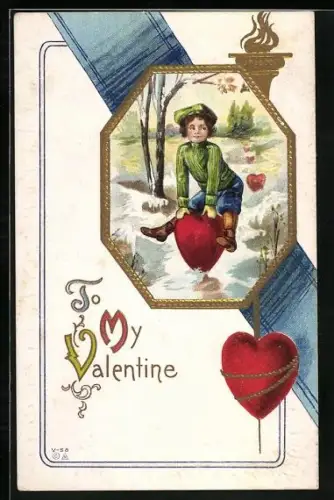 AK Knabe reitet auf einem Herz, Valentinstag