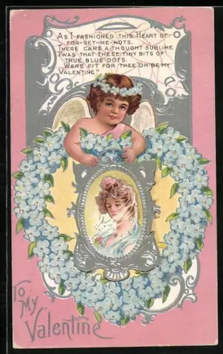 AK Engel mit Frauenportrait zum Valentinstag