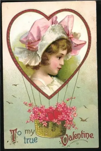 AK Ballon mit Blumen und Herzen zum Valentinstag