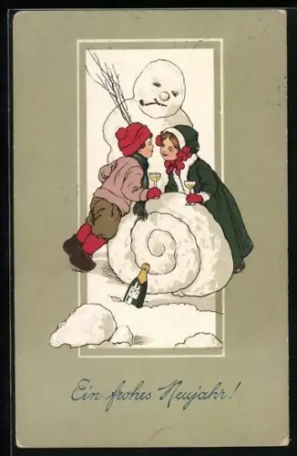 AK Kleines Paar kommt sich Beim Bau eines Schneemanns näher