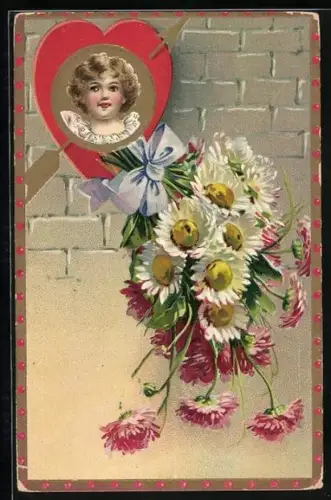 AK Herz mit Mädchen, Blumenstrauss mit Schleife