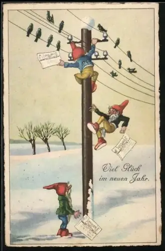 AK Gelukkig Nieuwjaar!, Zwerge auf Telegraphenmast
