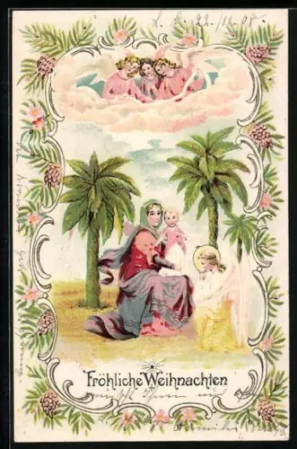 AK Weihnachtsengel kniet vor Maria und Jesus nieder