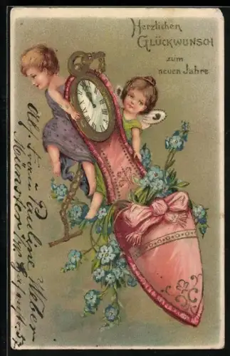 AK Schuh mit Kindern zu Neujahr