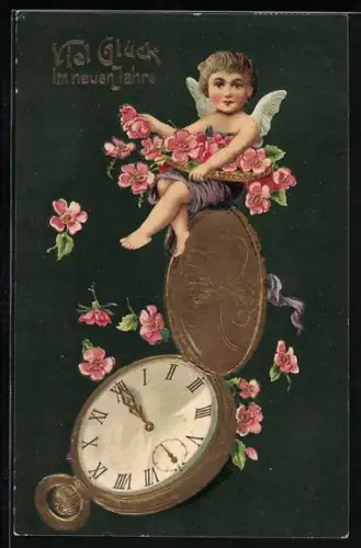 AK Neujahrsengel auf Taschenuhr