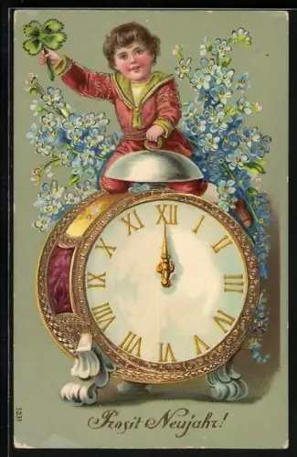 AK Prosit Neujahr!, Kind mit Kleeblatt und Wecker