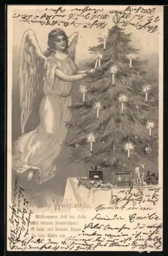 AK Weihnachtsengel zündet Kerzen an einem Weihnachtsbaum an