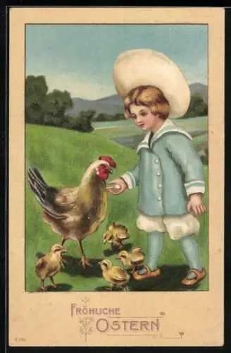 AK Kind mit Osterküken und Henne