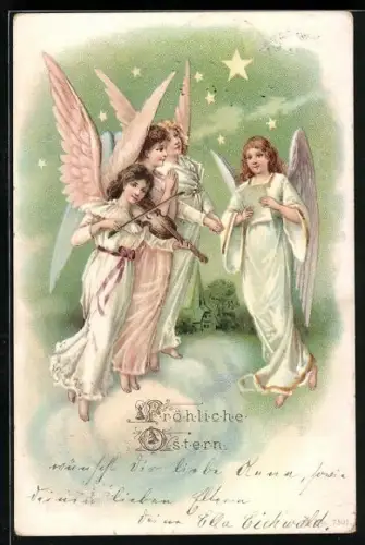 AK Weihnachtsengel singen und musizieren auf einer Wolke schwebend