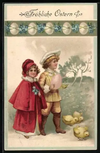 AK Osterküken mit Kindern