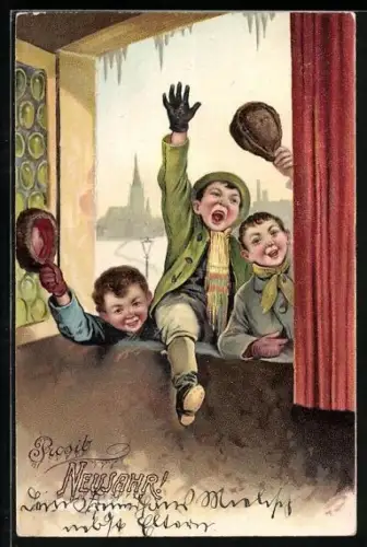 AK Prosit Neujahr, Drei Jungen winken am Fenster