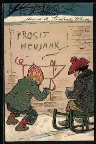 AK Kinder mit Schlitten malen an eine Wand, Neujahr