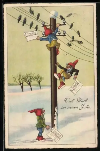AK Gelukkig Nieuwjaar!, Zwerge auf Telegraphenmast