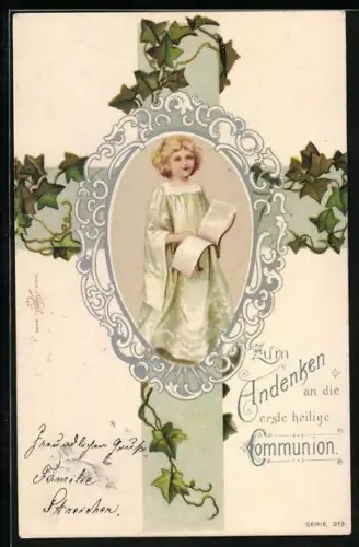 AK Kommunion, Kind mit Buch