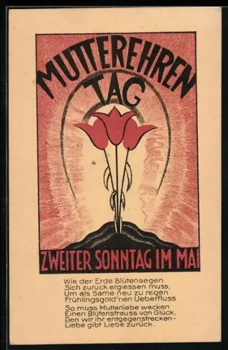 AK Mutterehrentag, Zweiter Sonntag im Mai, Rote Tulpen, Gedicht