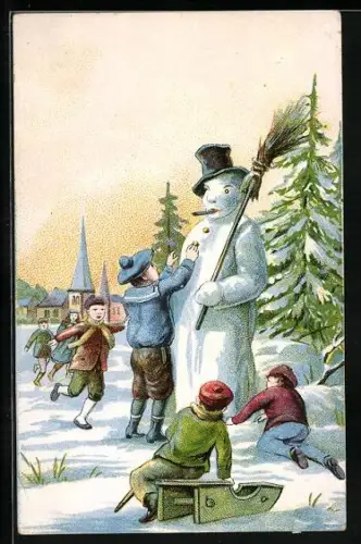 AK Kinder bauen einen Schneemann, Prosit Neujahr