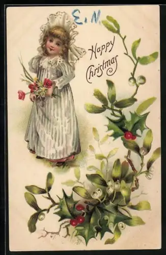 AK Mädchen mit Blumen zu Weihnachten