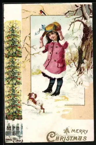 AK Mädchen und Hund zu Weihnachten
