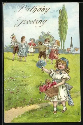 AK Fröhliche Pfingsten, Mädchen mit Blumen und tanzende Kinder