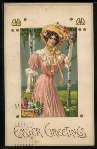 AK Dame mit Osterkorb