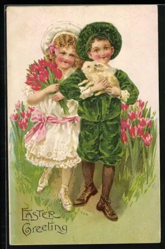 AK Kinder halten Blumen und ein Kaninchen im Arm, Hartelijk Gefeliciteerd! Glückwunsch