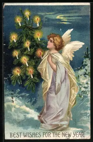 AK Weihnachtsengel mit Weihnachtsbaum