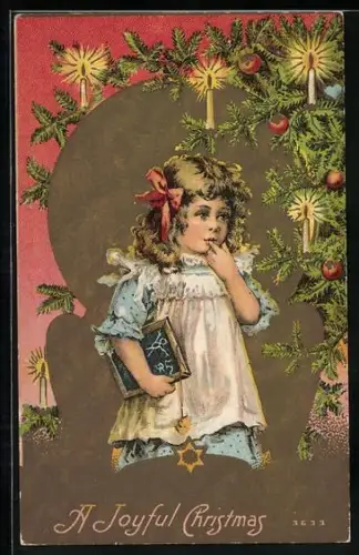 AK Mädchen mit Tafel am Weihnachtsbaum