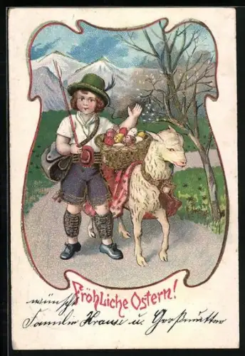 AK Knabe mit Osterlamm und Ostereiern