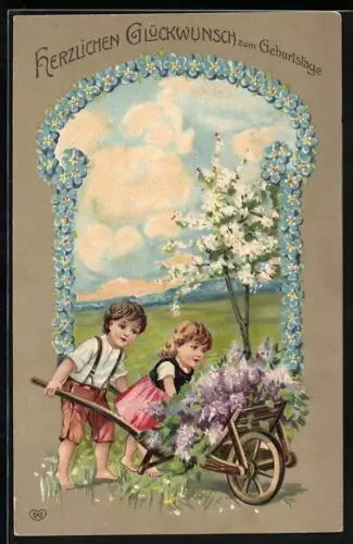 AK Kinder mit Schubkarre voller Blumen, Geburtstag