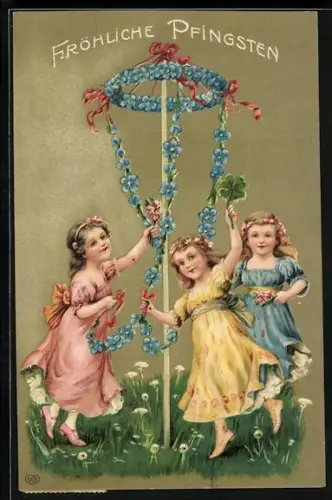 AK Kinder tanzen um einen Maibaum, Pfingsten