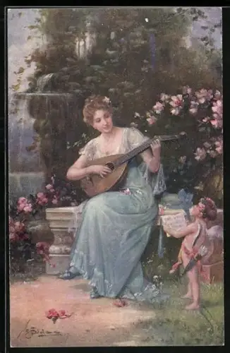 Künstler-AK Amor und Dame mit Laute