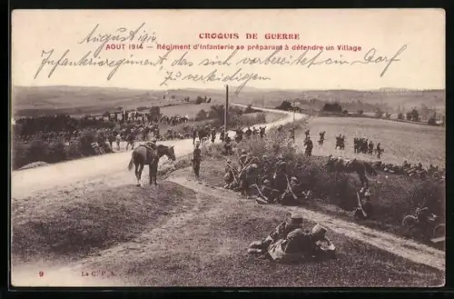 AK Croquis de Guerre, Régiment d`Infanterie se préparant à défendre und Village 1914