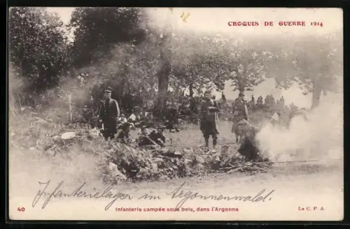 AK Infanterie campée sous bois, dans l`Argonne, Croquis de Guerre 1914