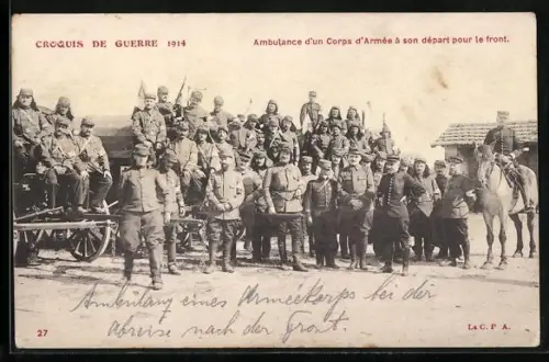 AK Ambulance d`un Corps d`Armée à son départ pour le front, Croquis de Guerre 1914