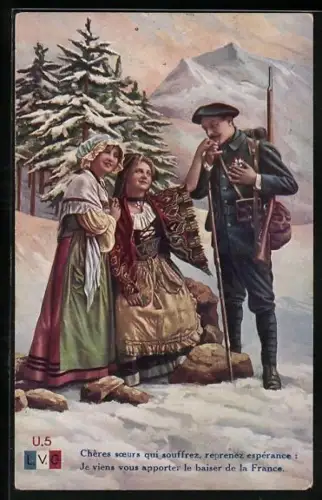 AK Chassseur Alpin, Chères soeurs, je viens vous apporter le baiser de la France, Handkuss von einem frz. Alpenjäger