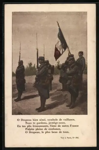 AK O Drapeau..., Französische Infanteristen mit Fahne