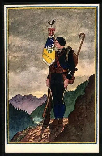 AK Französischer Infanterist, Briefträger mit Postfahne im Gebirge