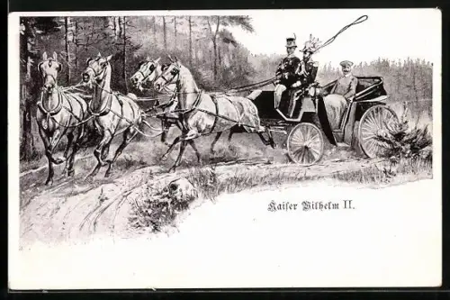 Künstler-AK Kaiser Wilhelm II. in einer Kutsche im Wald