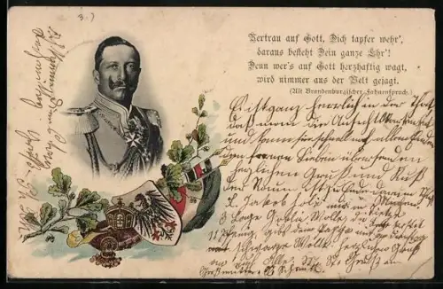 AK Kaiser Wilhelm II. im Porträt mit Wappen und Reichsflagge
