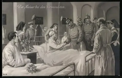 Künstler-AK Kaiser Wilhelm II. schüttelt die Hand eines verwundeten Soldaten