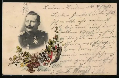 AK Kaiser Wilhelm II. im Porträt, Flaggen und Wappen