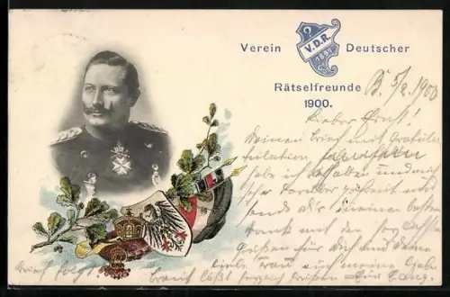 AK Porträt von Kaiser Wilhelm II. mit Wappen und Reichskriegsflagge, Verein Deutscher Rätselfreunde 1900