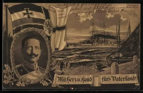 AK Kaiser Wilhelm II. im Porträt mit Reichskriegsfahne