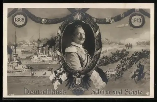 Foto-AK Kriegsschiffe, Deutschlands Schirm und Schutz, 1888 - 1913, Zeppelin, Kaiser Wilhelm II. von Preussen