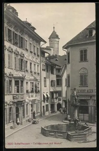 AK Schaffhausen, Tellsbrunnen mit Munot, dahinter Schuhlager-Geschäft
